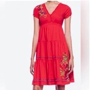Johnny Was JW Los Angeles Joy ❤️ Light Red Embroidered Tiered V-Neck Dress 1X